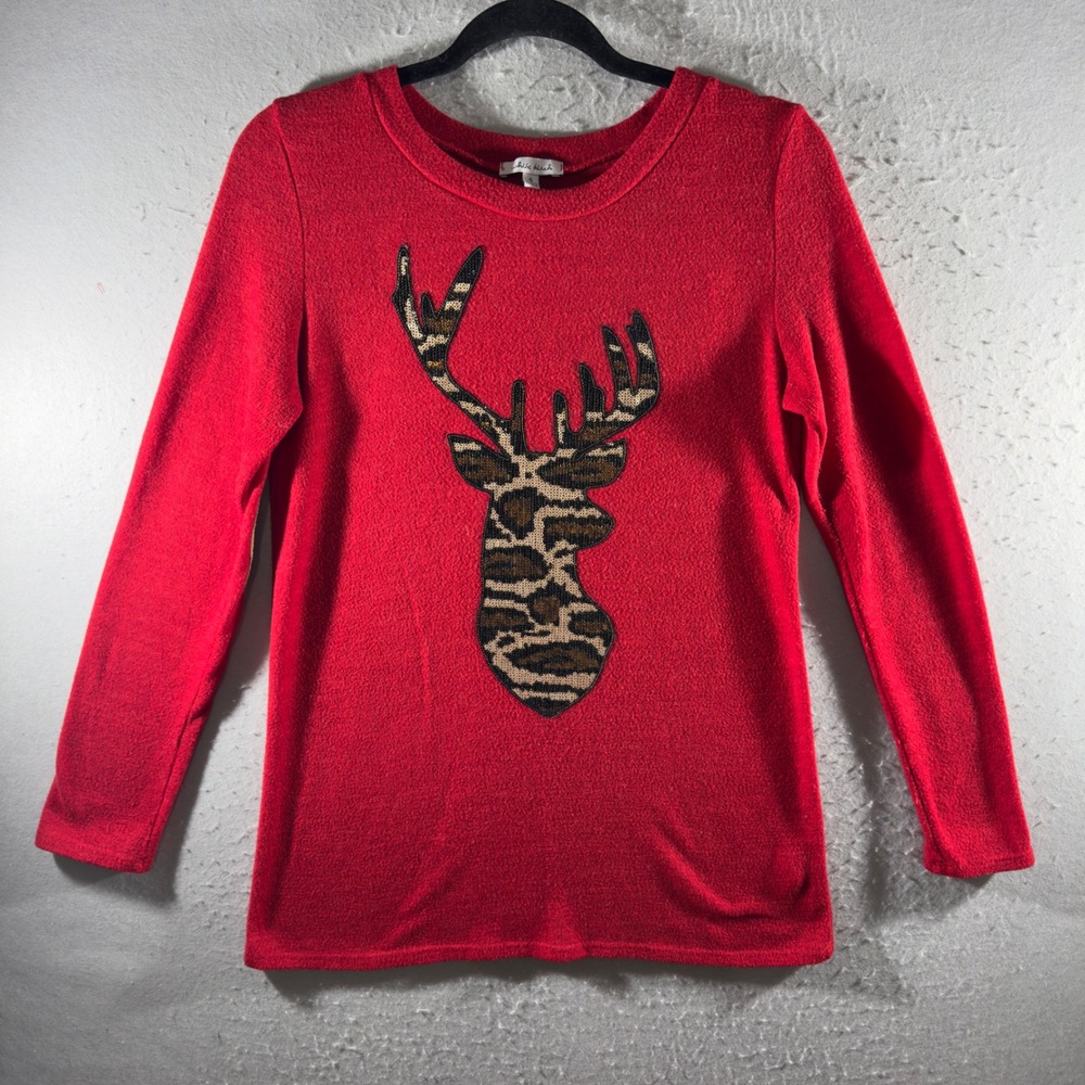 3321 | White Birch Leopard Reindeer Christmas Holiday Top Red Women S